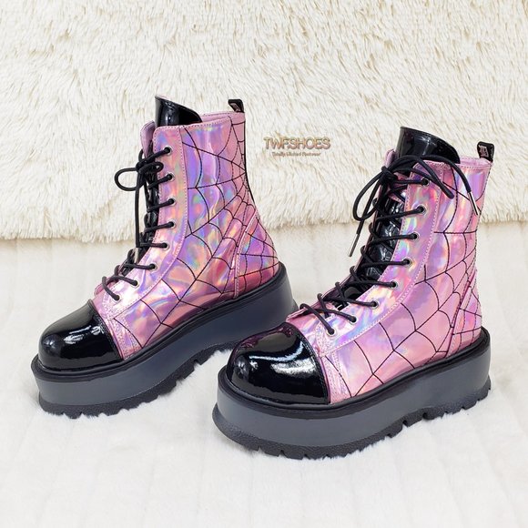 Demonia Shoes - Pink Hologram Platform Spider Web Ankle Boots Punk Rave Festival Slacker